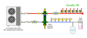 Image of hydraulic separator between heat pump and zoned load circuits