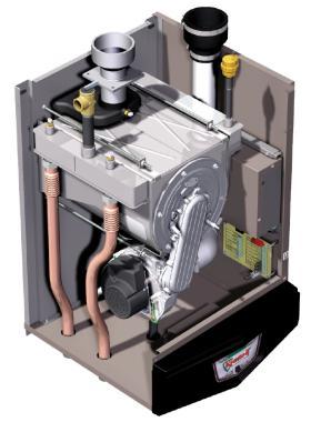 An example of a modern mod/con boiler, along with the schematic symbols used to represent mod/con boilers in this and other issues of idronics.