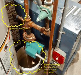 Is there a bucket placed under the discharge pipe from the pressure- relief valve that either contains water or shows signs that it did contain water .